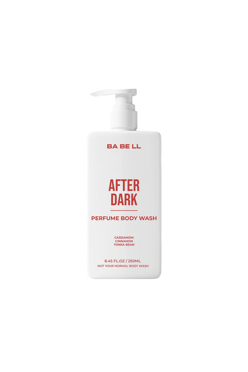 After Dark perfume body wash 250ml bottle by Babell, white pump bottle on a plain background.
