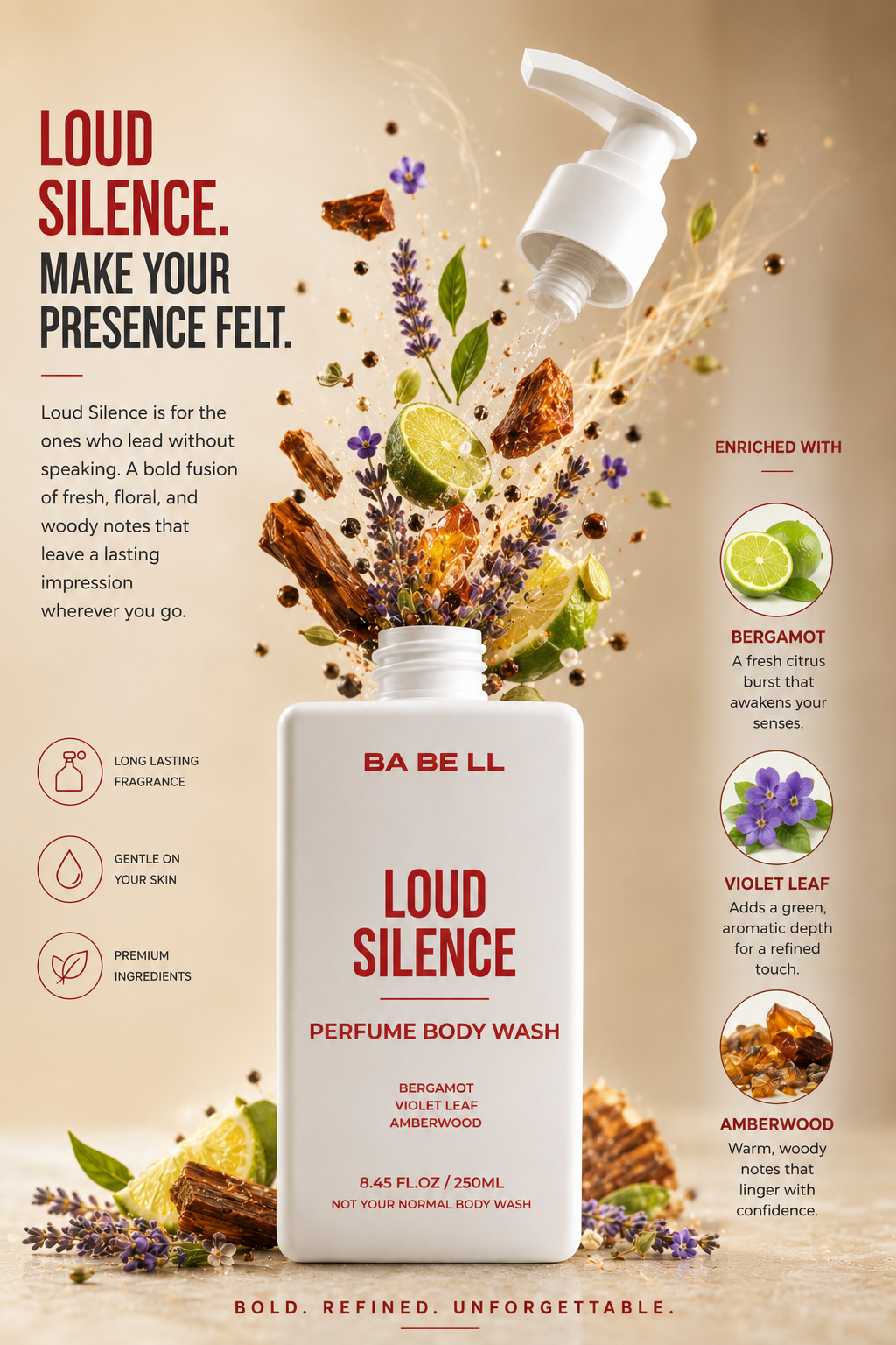 Loud Silence body wash ingredients — bergamot, violet leaf, amberwood — shown around the 250ml bottle.
