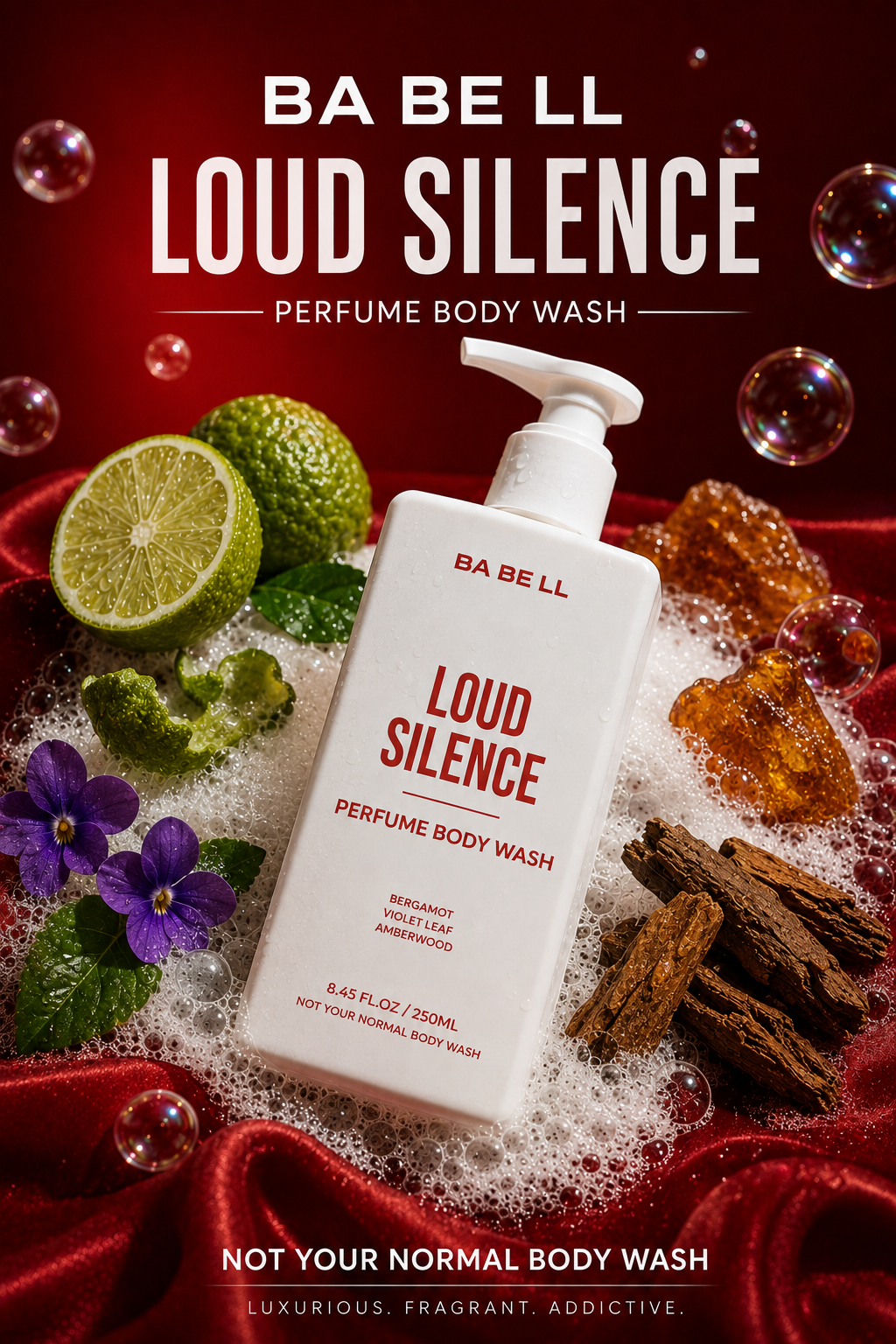 Loud Silence body wash bottle surrounded by bergamot, violet leaf, amberwood in foam.