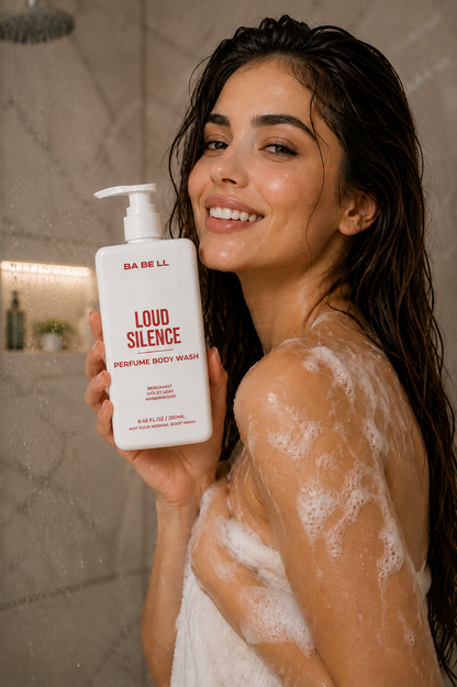 Woman in the shower holding Babell Loud Silence perfume body wash, 250ml.