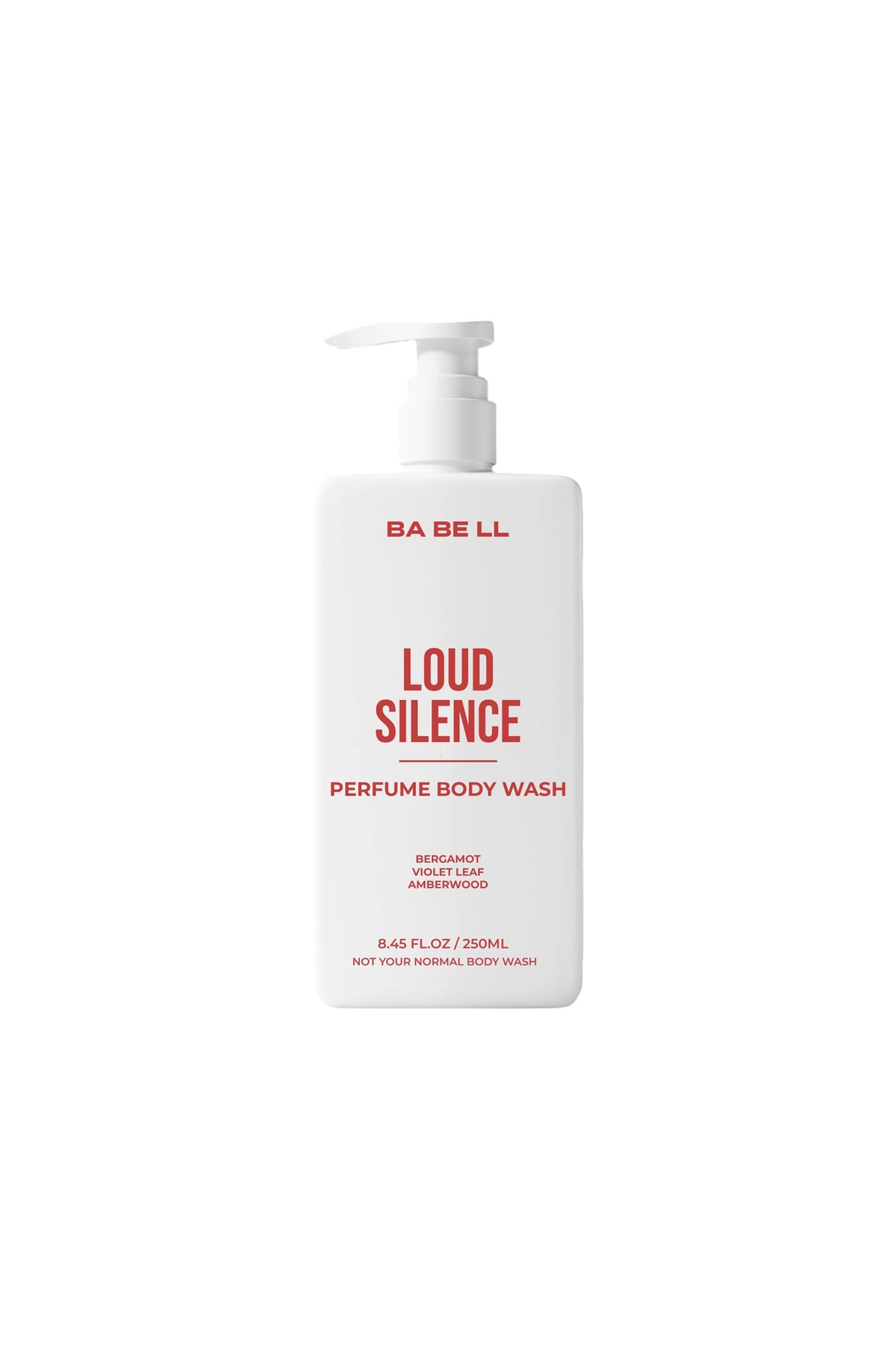 Loud Silence perfume body wash 250ml bottle by Babell, white pump bottle on a plain background.