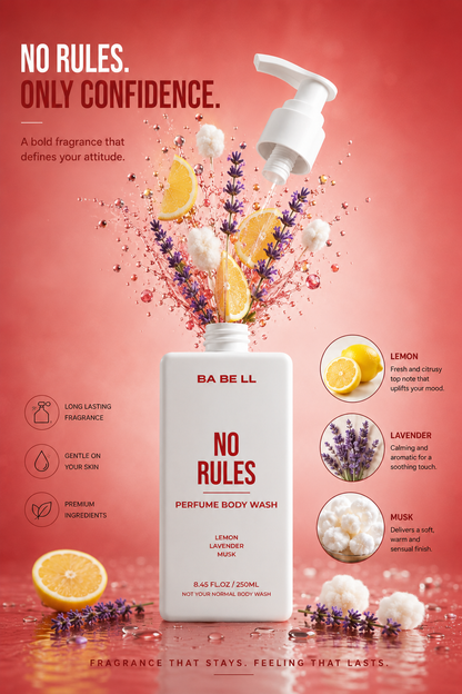 No Rules body wash ingredients — lemon, lavender, musk — shown around the 250ml bottle.