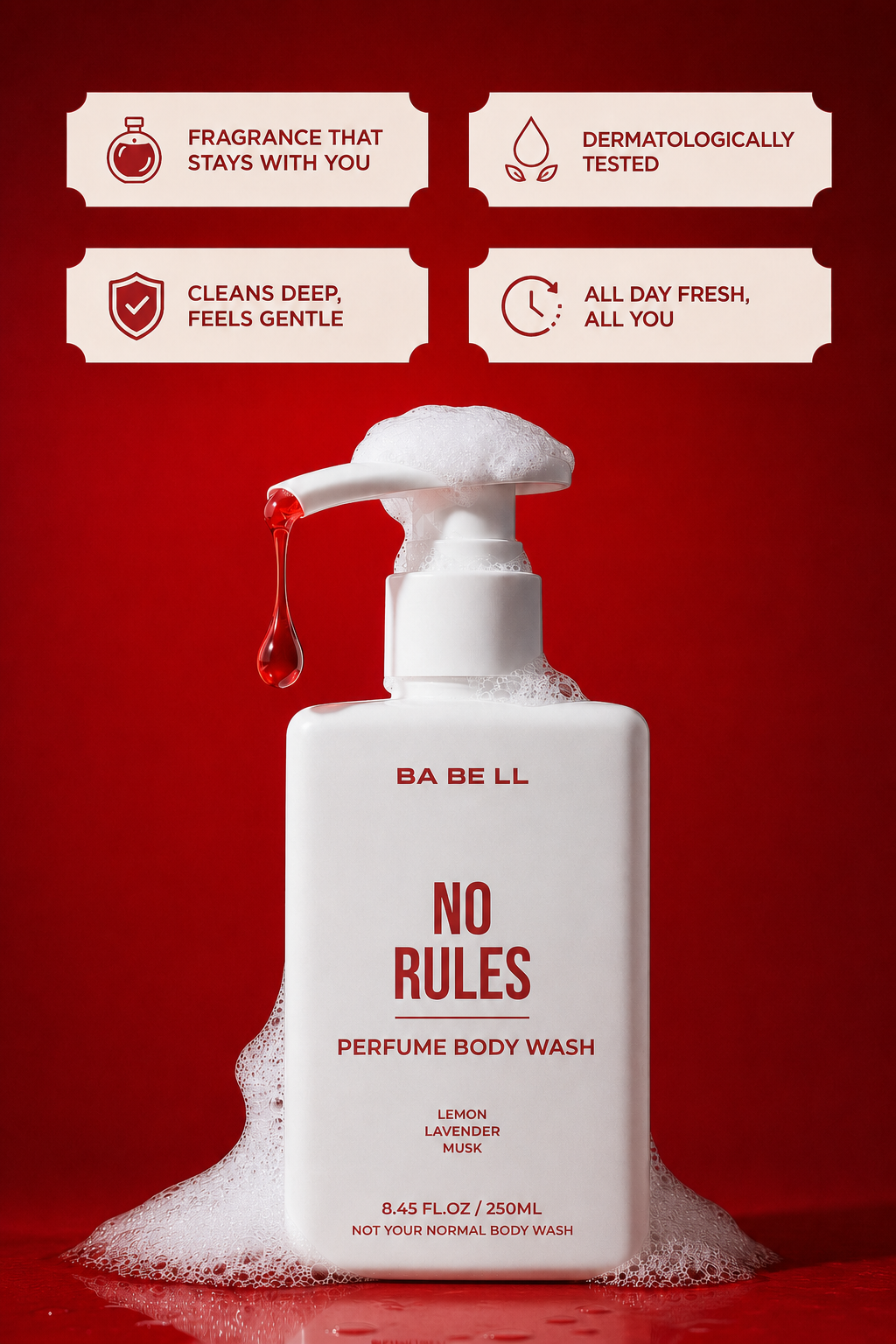 No Rules body wash benefits — perfume-infused formula, gentle on skin, thick lather and long-lasting freshness.