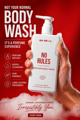 No Rules perfume body wash held in a lathered hand, showing its rich foam.