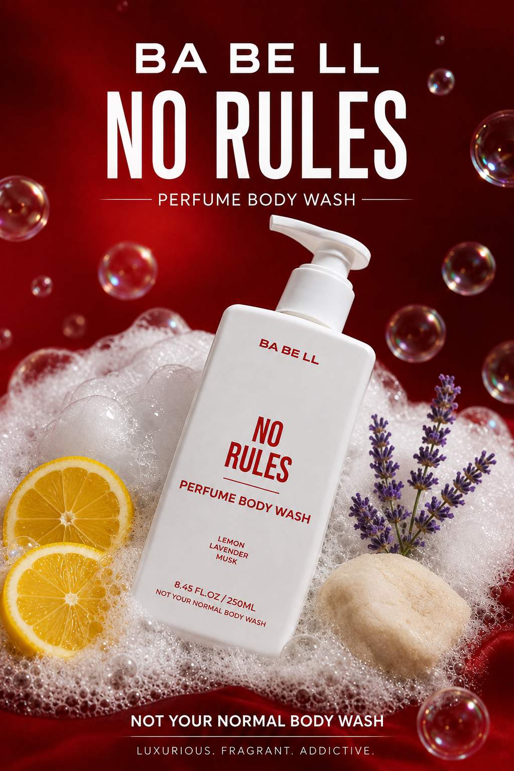 No Rules body wash bottle surrounded by lemon, lavender, musk in foam.