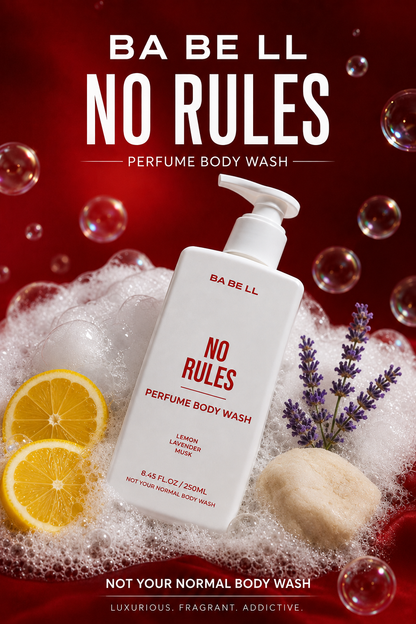 No Rules body wash bottle surrounded by lemon, lavender, musk in foam.