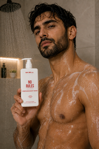 Man in the shower holding Babell No Rules perfume body wash, 250ml.
