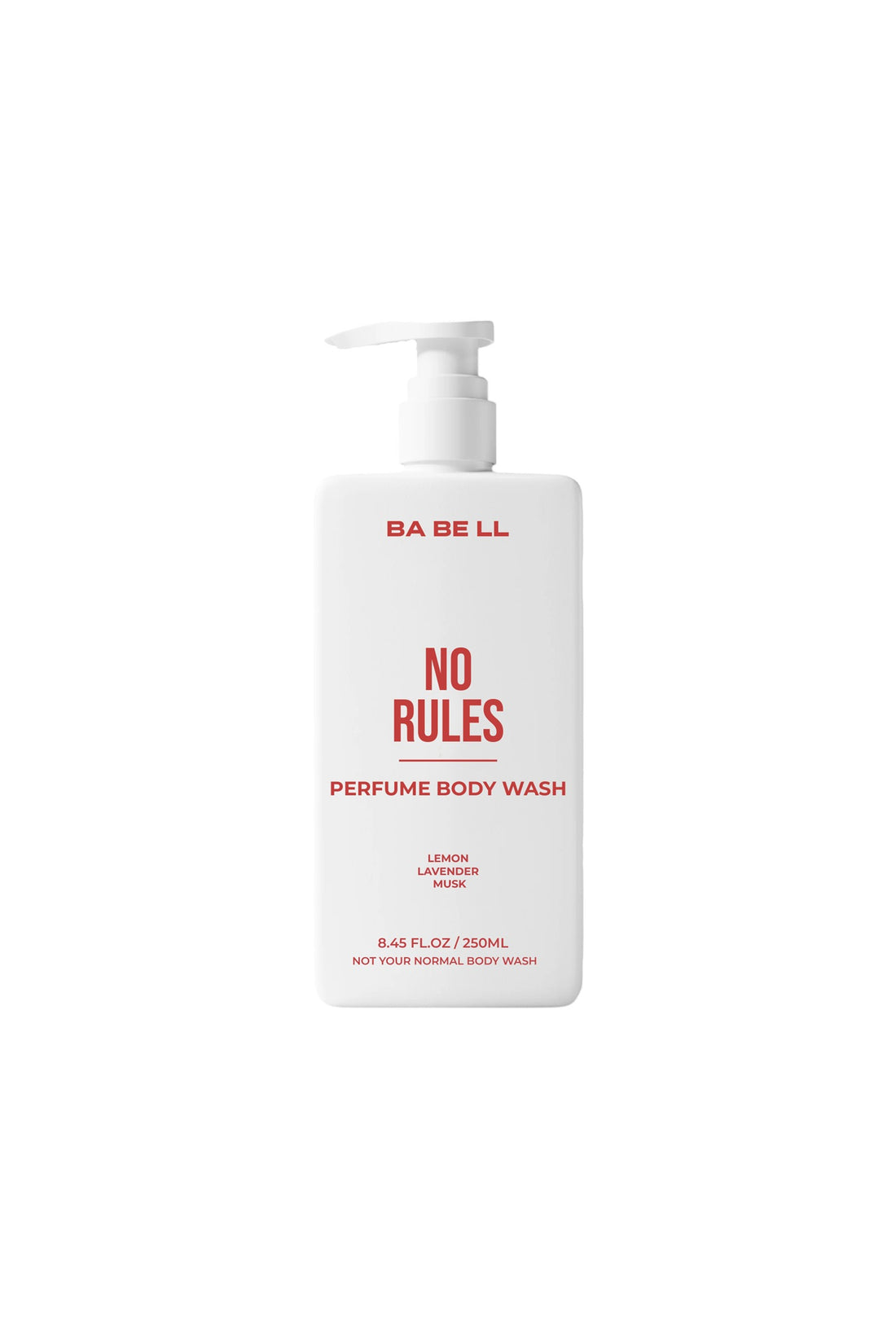 No Rules perfume body wash 250ml bottle by Babell, white pump bottle on a plain background.