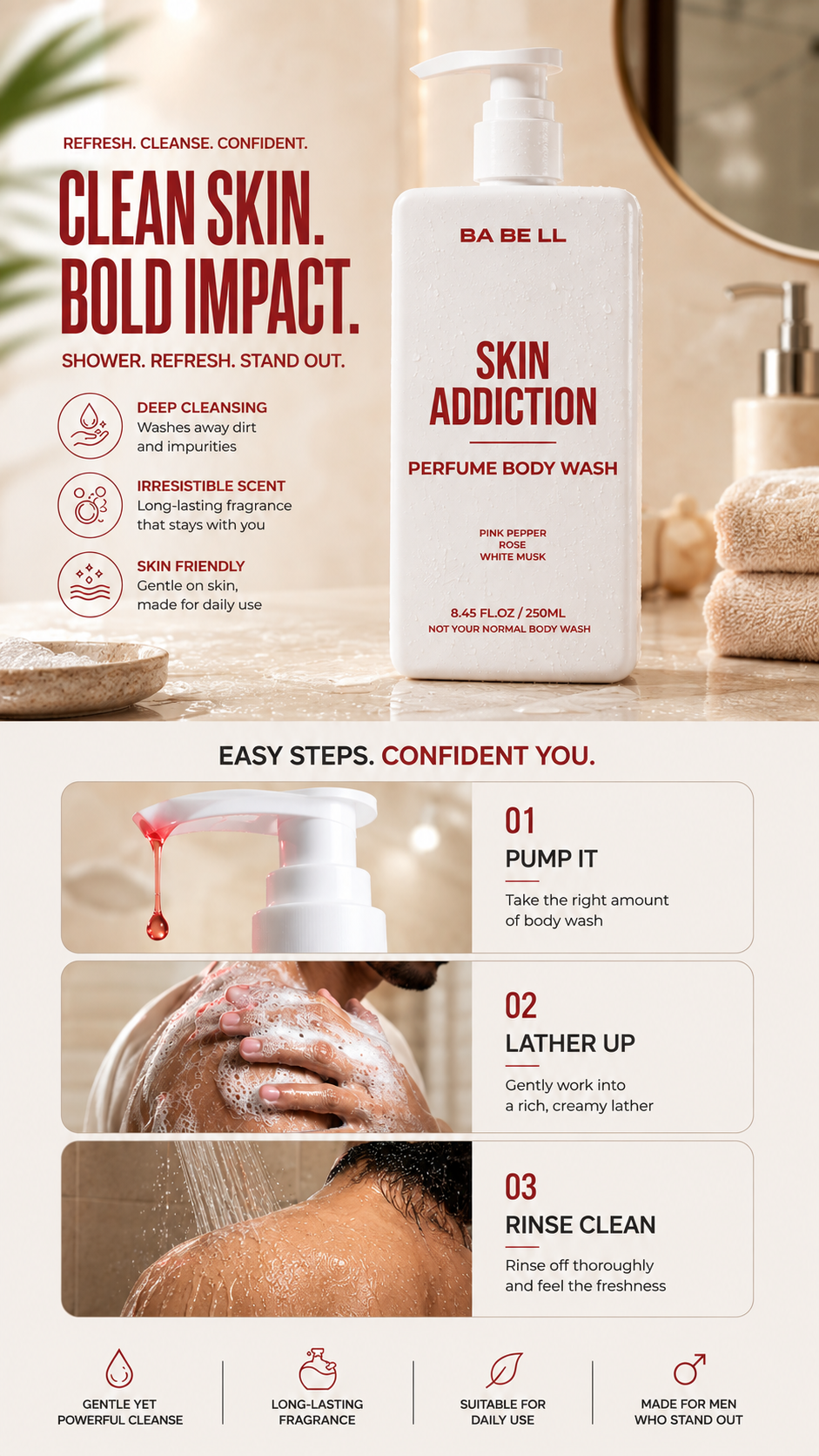 How to use Skin Addiction body wash: pump, lather and rinse, with the bottle on a bathroom counter.