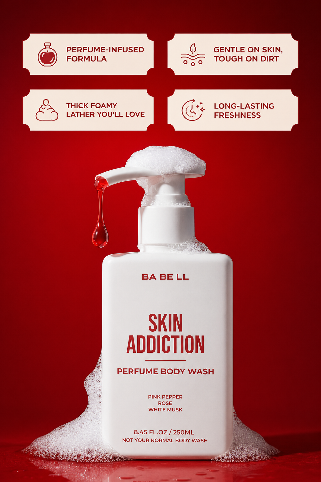 Skin Addiction body wash benefits — perfume-infused formula, gentle on skin, thick lather and long-lasting freshness.