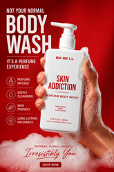 Skin Addiction perfume body wash held in a lathered hand, showing its rich foam.