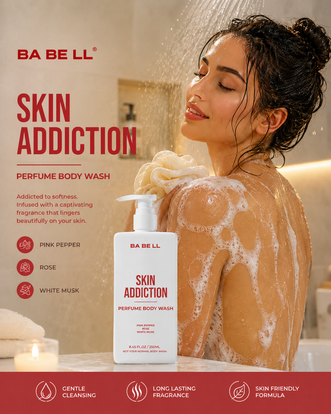 Babell Skin Addiction perfume body wash with pink pepper, rose, white musk — gentle cleansing, long-lasting fragrance, skin-friendly formula.