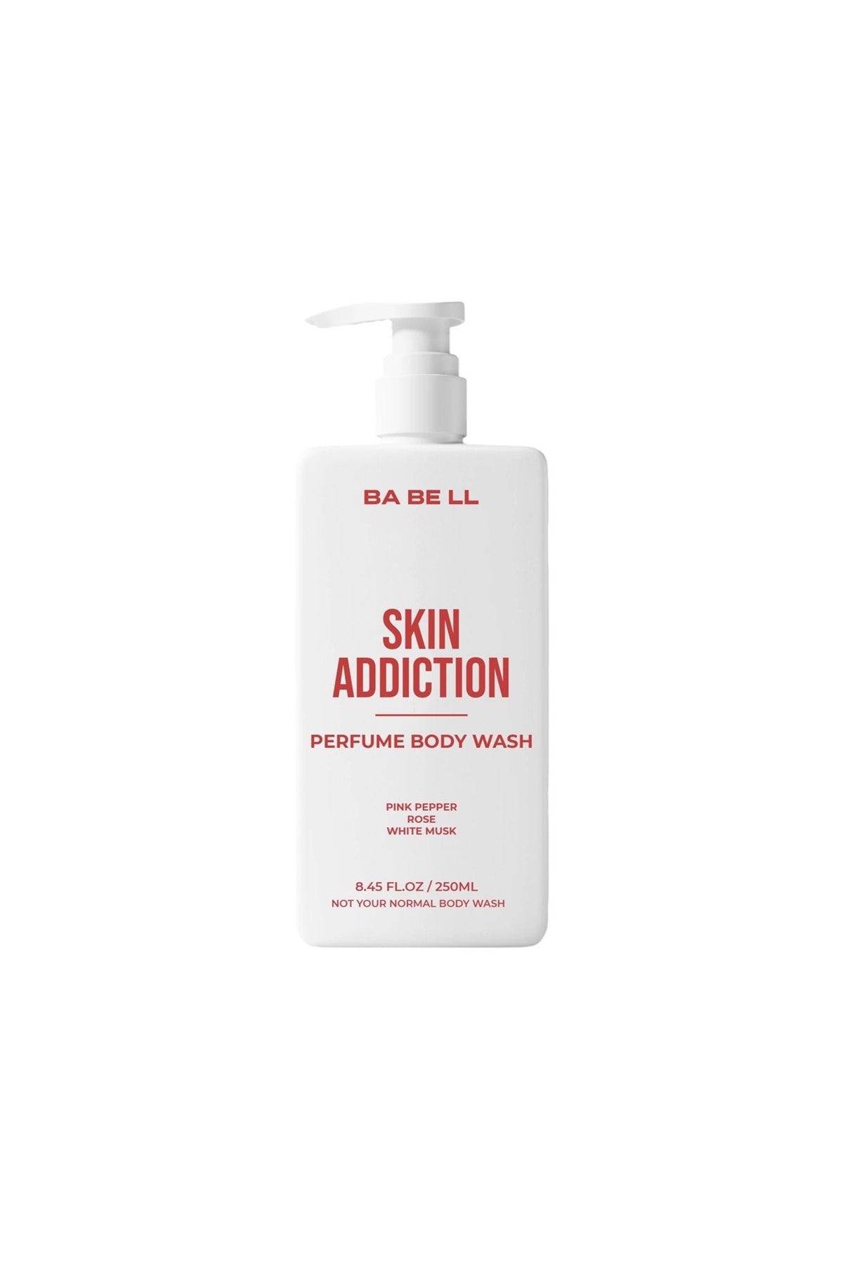 Skin Addiction perfume body wash 250ml bottle by Babell, white pump bottle on a plain background.