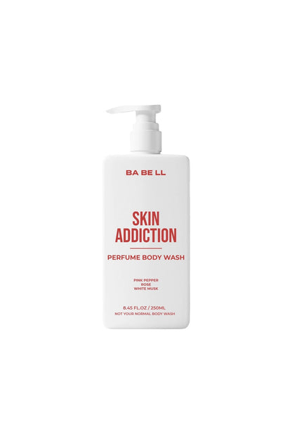Skin Addiction perfume body wash 250ml bottle by Babell, white pump bottle on a plain background.