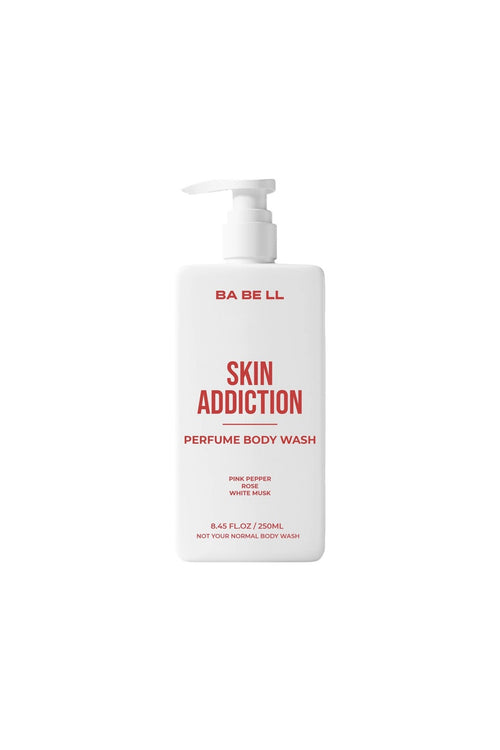 Skin Addiction perfume body wash 250ml bottle by Babell, white pump bottle on a plain background.