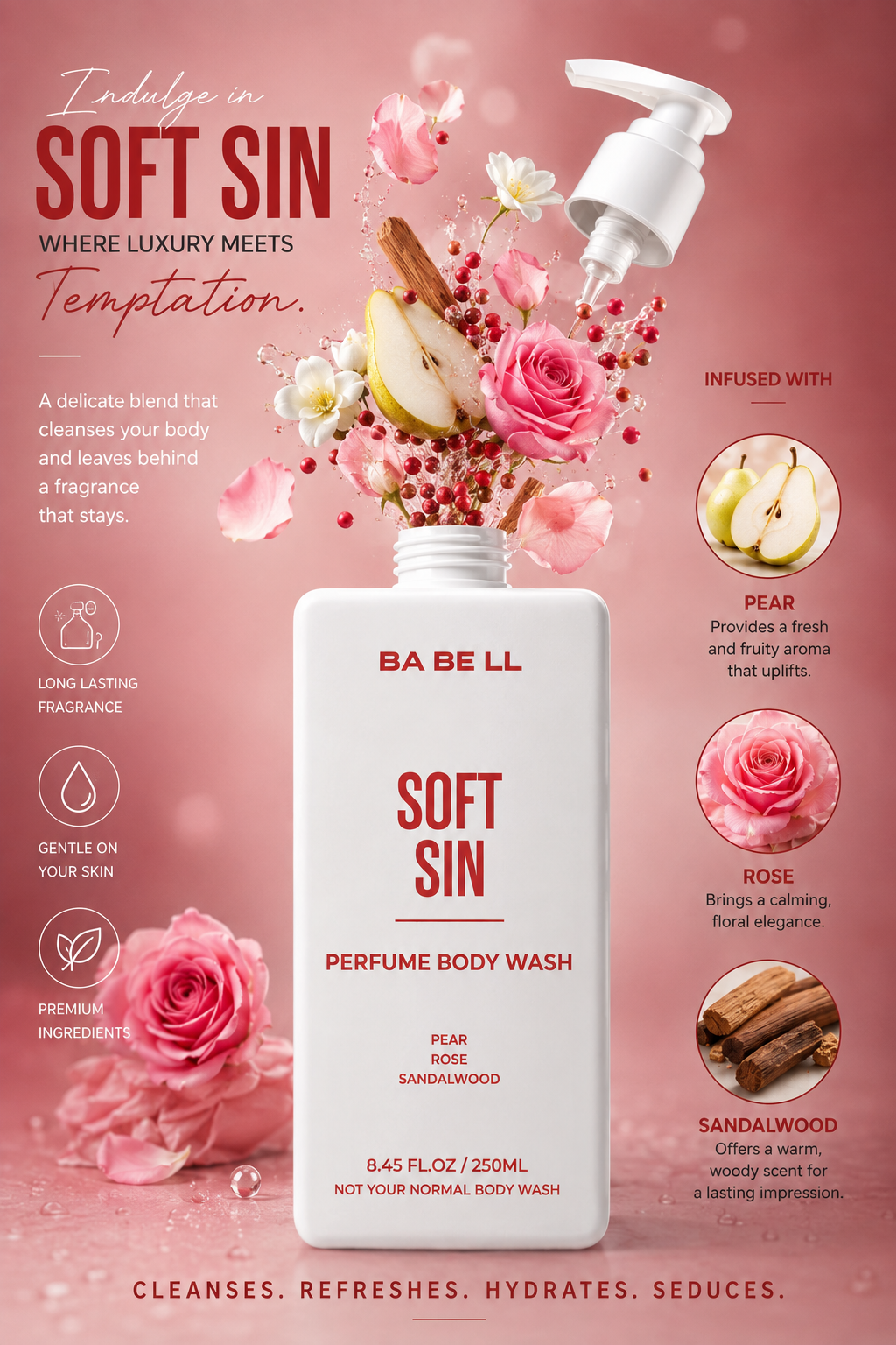 Soft Sin body wash ingredients — pear, rose, sandalwood — shown around the 250ml bottle.