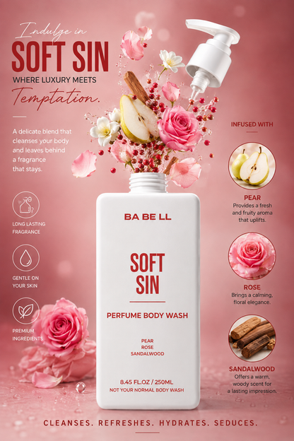 Soft Sin body wash ingredients — pear, rose, sandalwood — shown around the 250ml bottle.