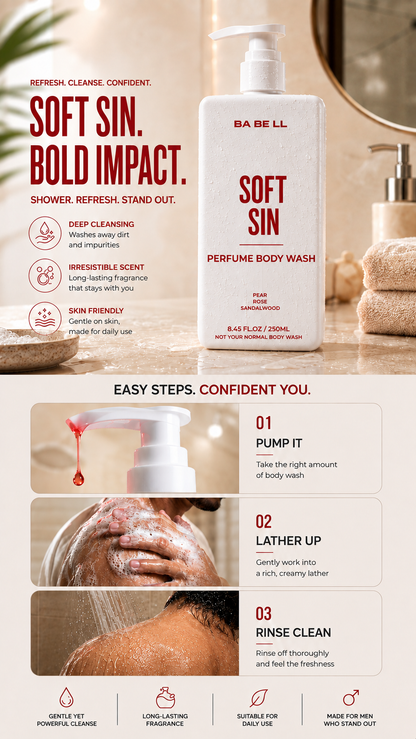 How to use Soft Sin body wash: pump, lather and rinse, with the bottle on a bathroom counter.