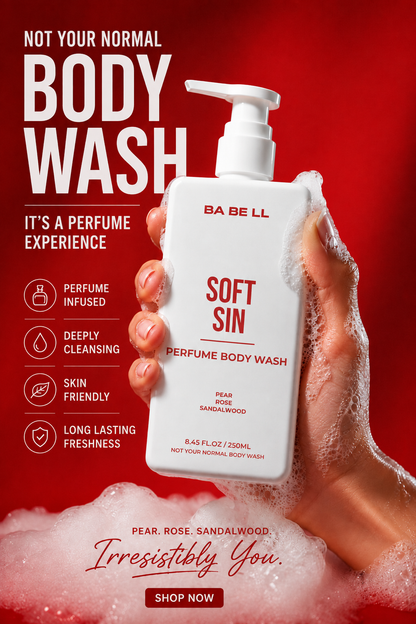 Soft Sin perfume body wash held in a lathered hand, showing its rich foam.