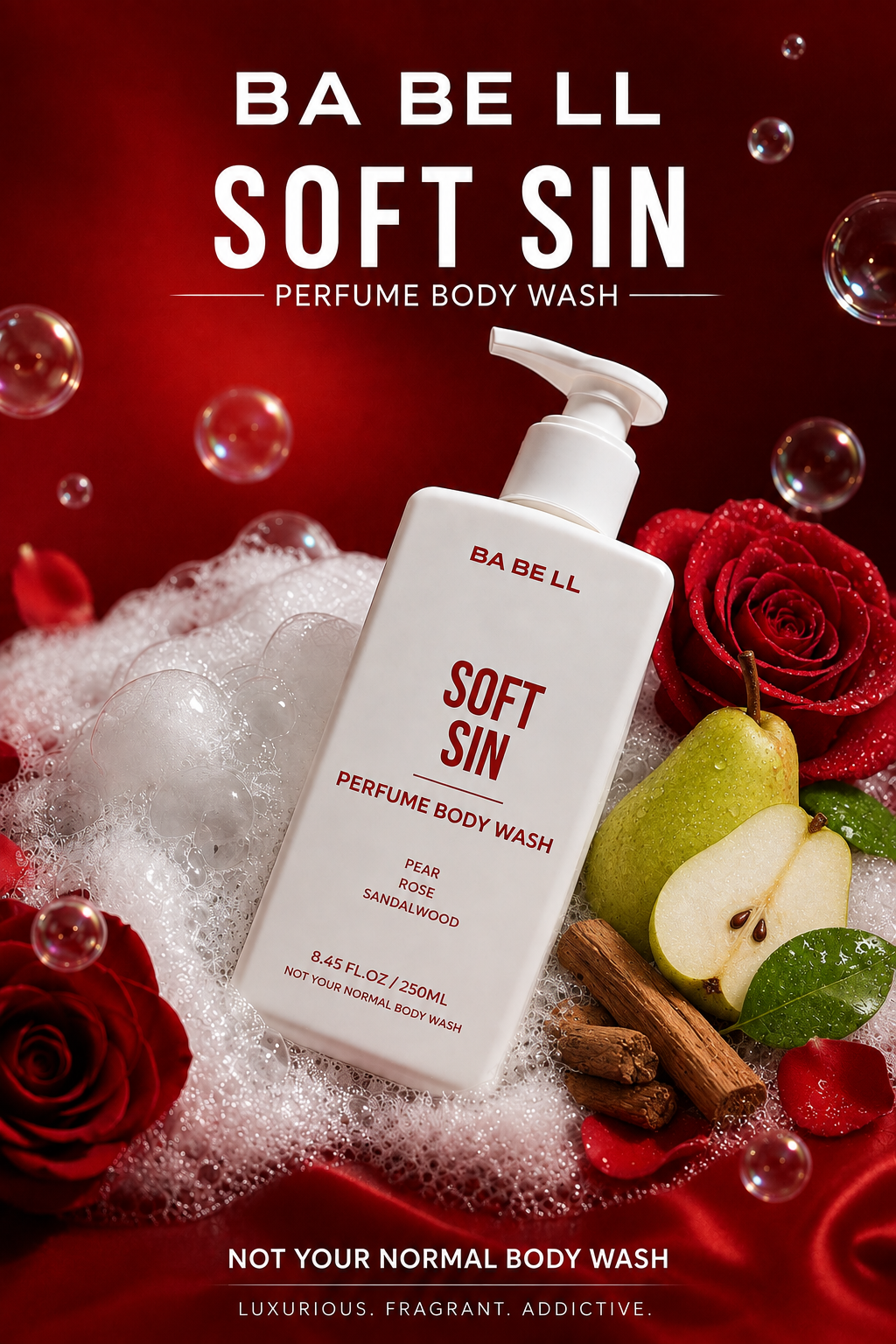Soft Sin body wash bottle surrounded by pear, rose, sandalwood in foam.