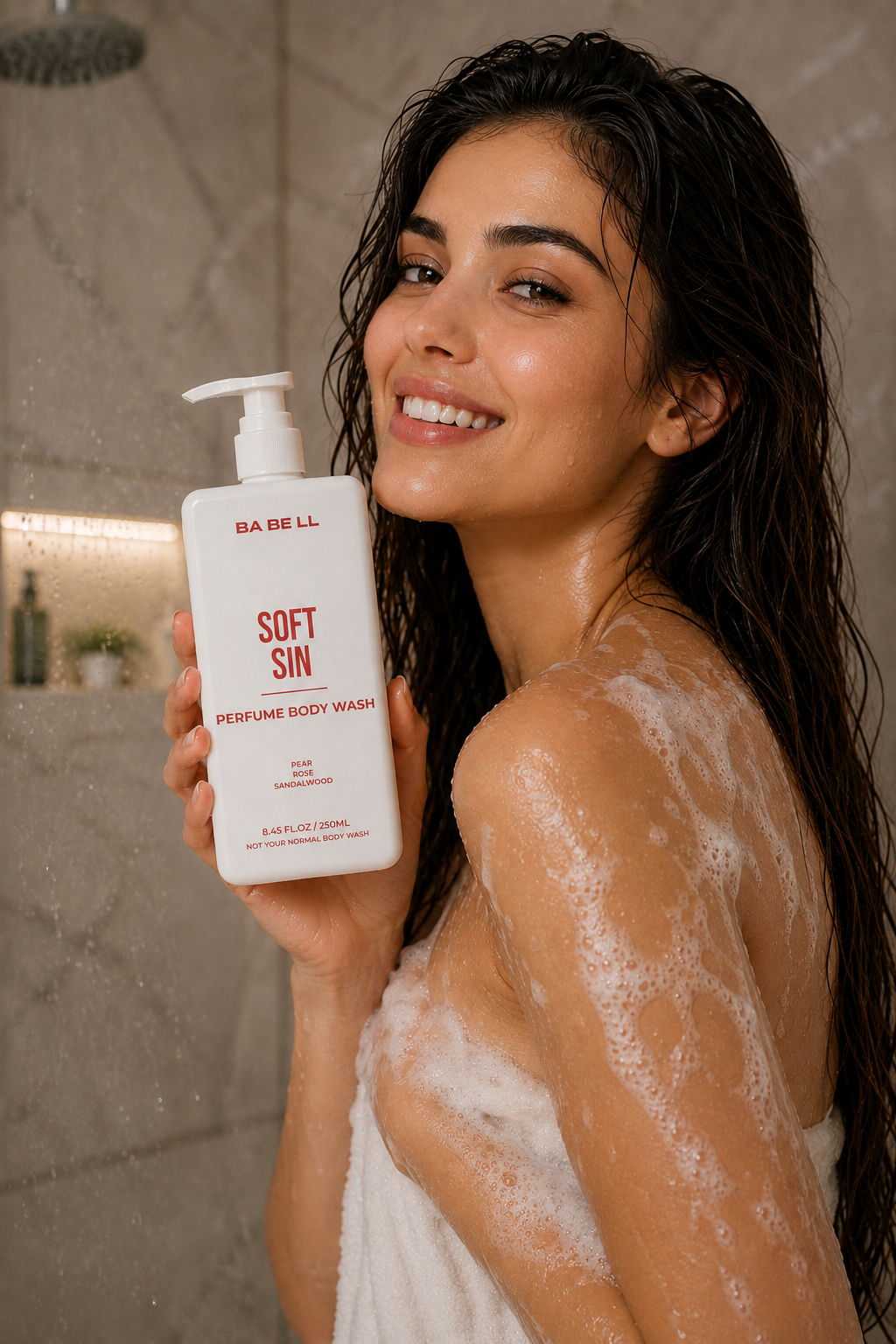 Woman in the shower holding Babell Soft Sin perfume body wash, 250ml.