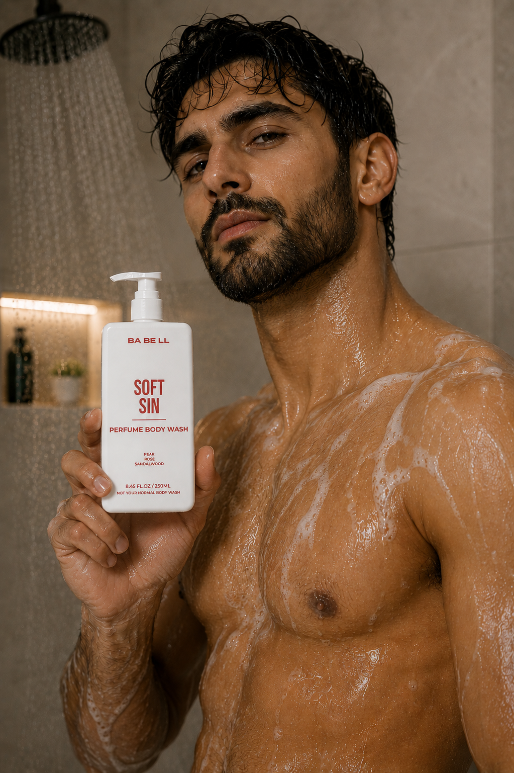 Man in the shower holding Babell Soft Sin perfume body wash, 250ml.