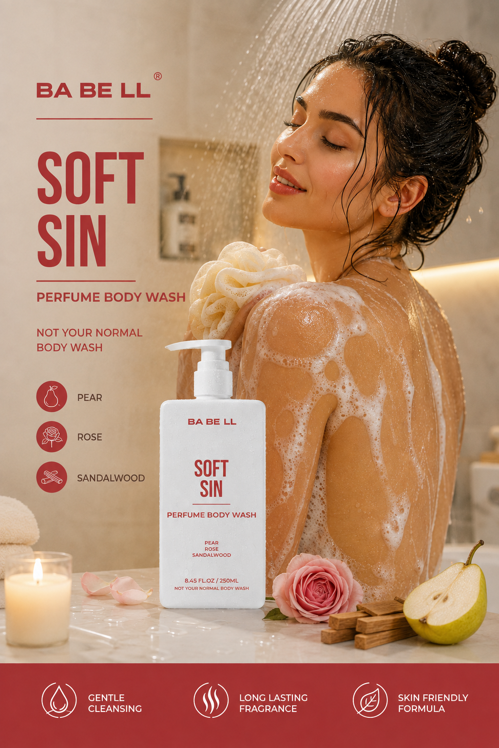 Babell Soft Sin perfume body wash with pear, rose, sandalwood — gentle cleansing, long-lasting fragrance, skin-friendly formula.