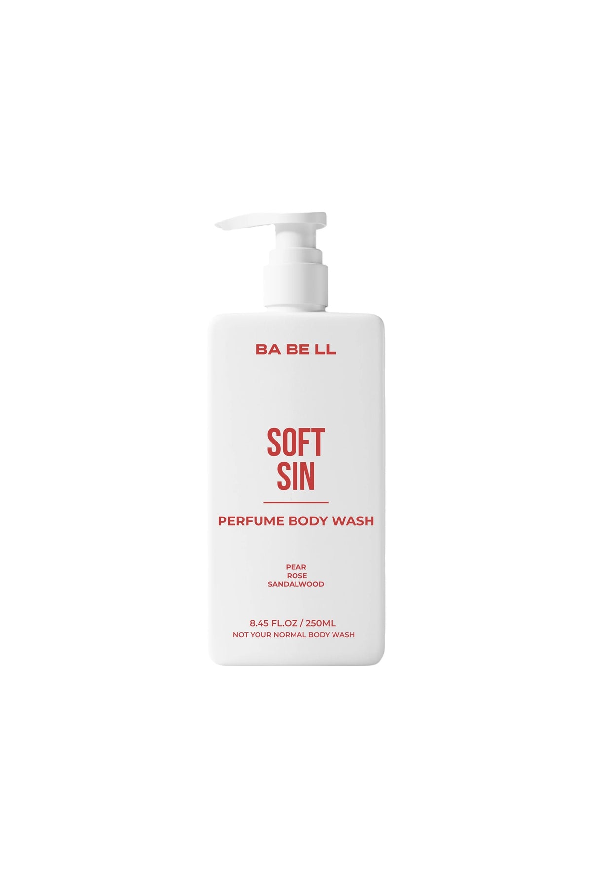 Soft Sin perfume body wash 250ml bottle by Babell, white pump bottle on a plain background.
