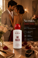 BA BE LL No Rules Eau de Parfum 50ml bottle for men, featuring a white bottle and a red spherical cap, displayed on a table with rose petals and a watch, with a romantic couple in the background.