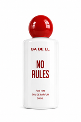 BA BE LL No Rules Eau de Parfum 50ml bottle. The bottle is white with bold red text and a glossy red spherical cap, shown on a clean white background.