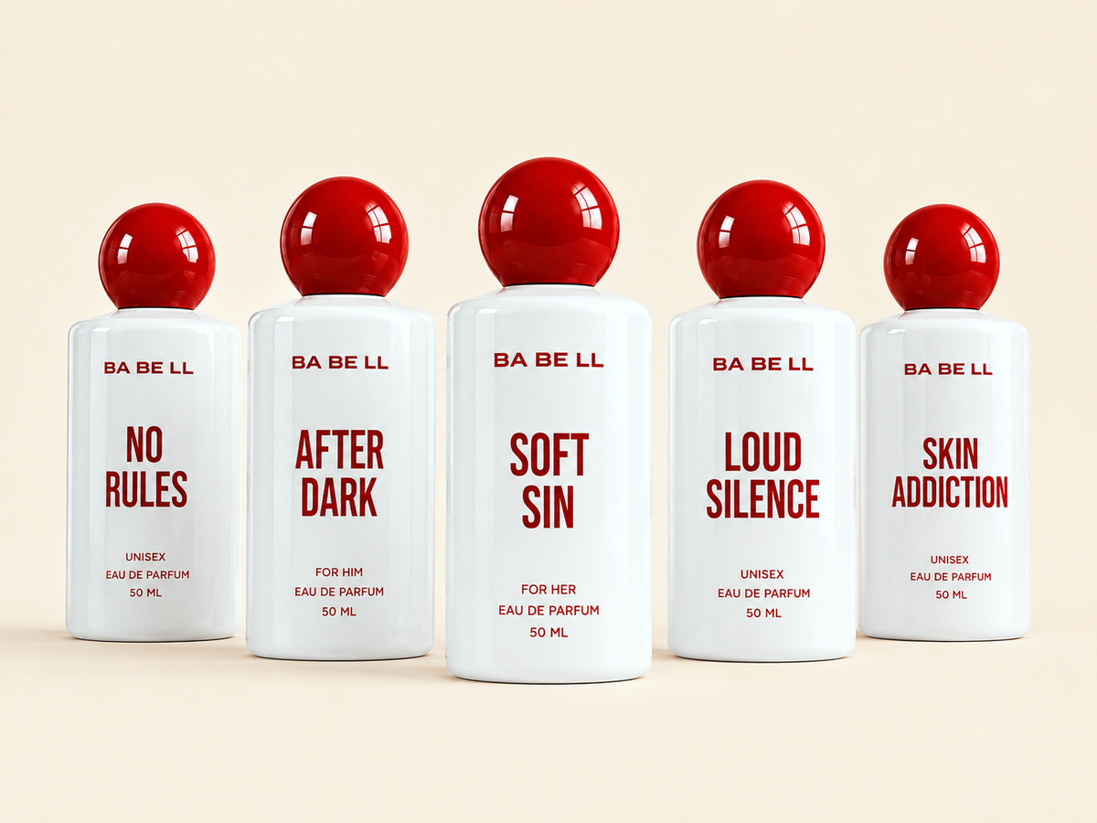 All five Babell 50 ml eau de parfum bottles - No Rules, After Dark, Soft Sin, Loud Silence and Skin Addiction - on a cream background