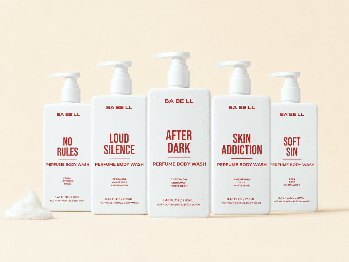 All five Babell 250 ml perfume body wash bottles - No Rules, Loud Silence, After Dark, Skin Addiction and Soft Sin - on a cream background