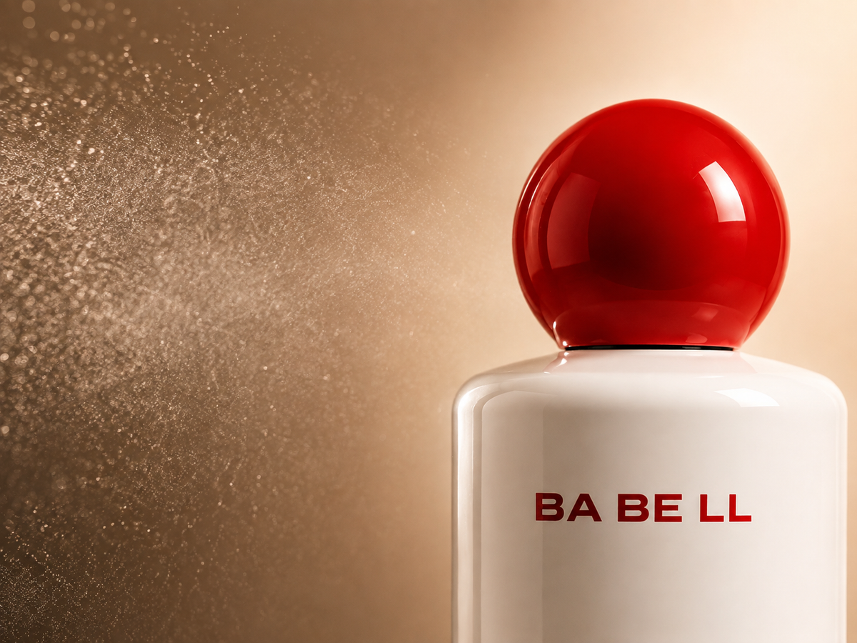 Close-up of a Babell perfume bottle and its glossy red cap, with fragrance misting into the light