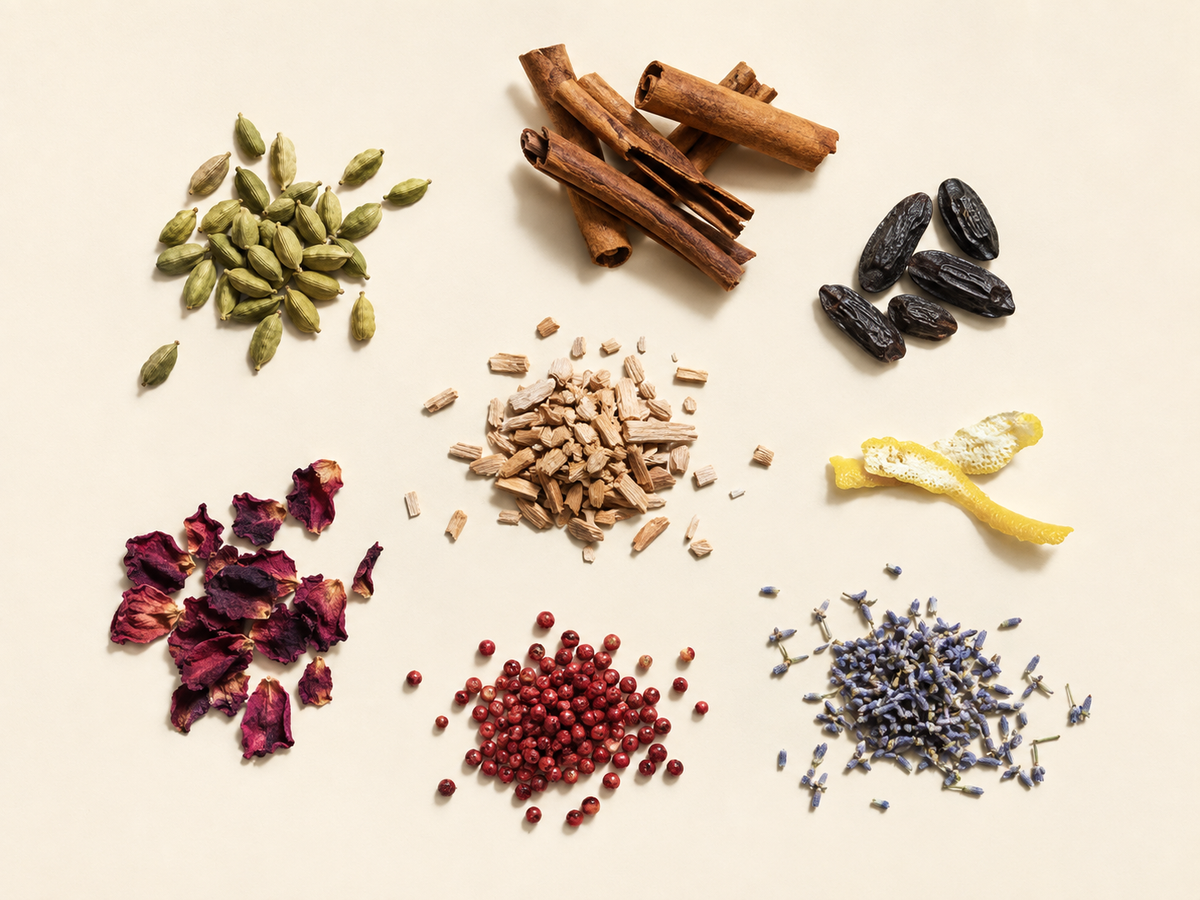 Cardamom, cinnamon, tonka beans, sandalwood, rose petals, pink peppercorns, lemon peel and lavender laid out on cream