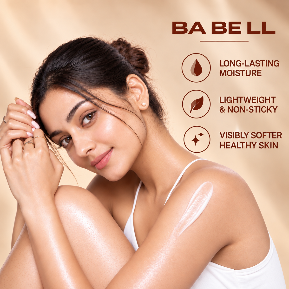 Babell After Dark body-care graphic showing a woman with lotion on her shoulder