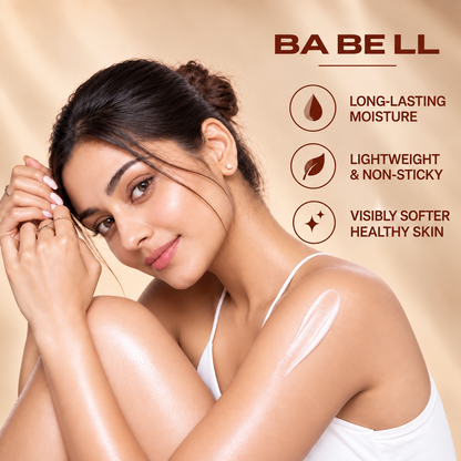 Babell After Dark body-care graphic showing a woman with lotion on her shoulder