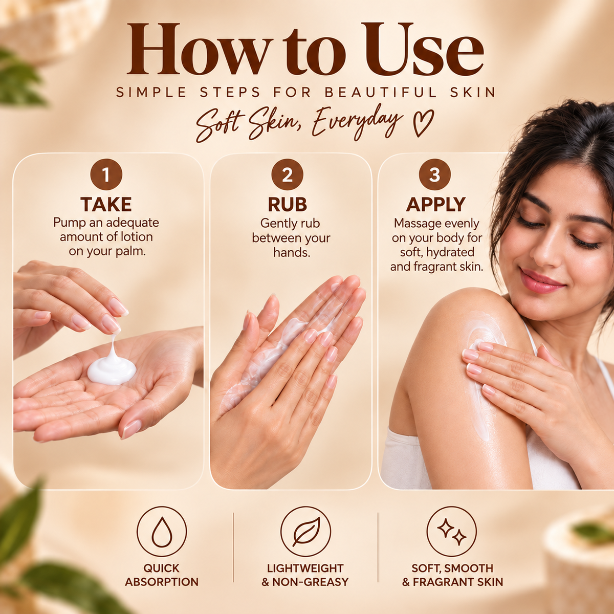 Babell After Dark perfume body lotion application guide: pump into palms, rub hands and massage over the body