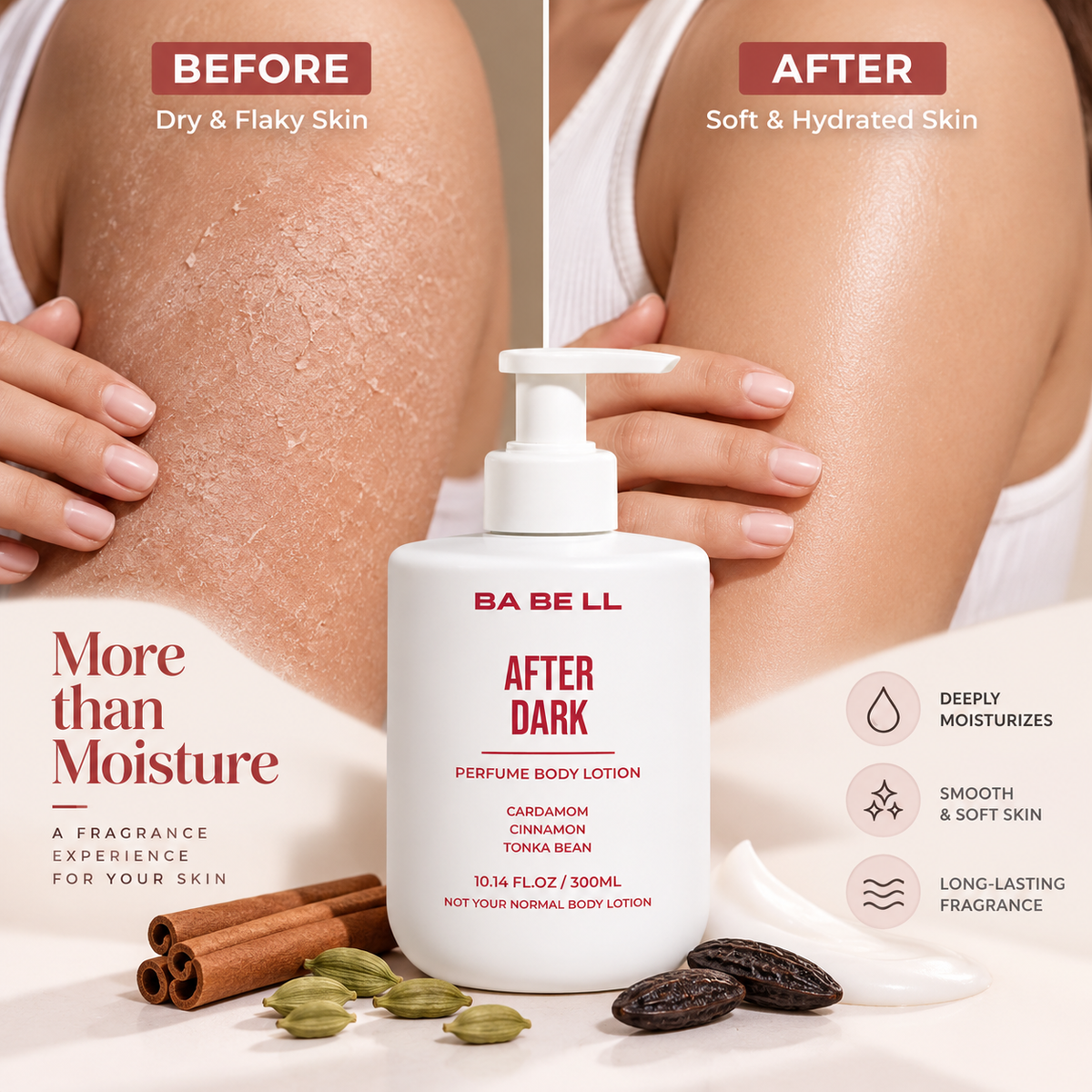 Babell After Dark perfume body lotion moisturising-care graphic showing dry and hydrated skin side by side