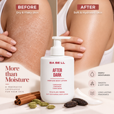 Babell After Dark perfume body lotion moisturising-care graphic showing dry and hydrated skin side by side