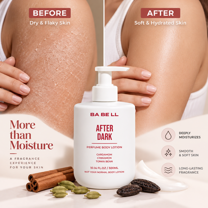 Babell After Dark perfume body lotion moisturising-care graphic showing dry and hydrated skin side by side