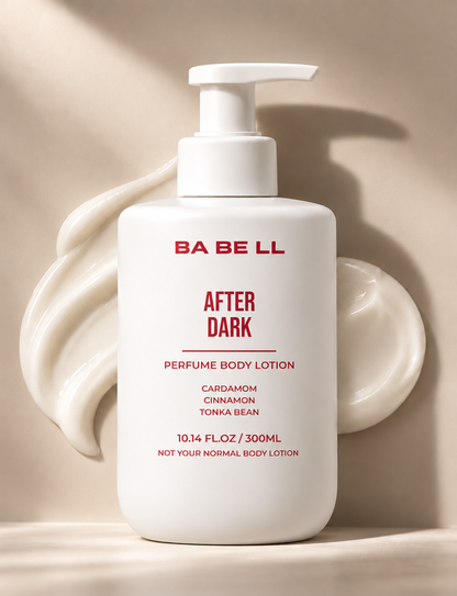 Babell After Dark perfume body lotion, 300ml white pump bottle with red label