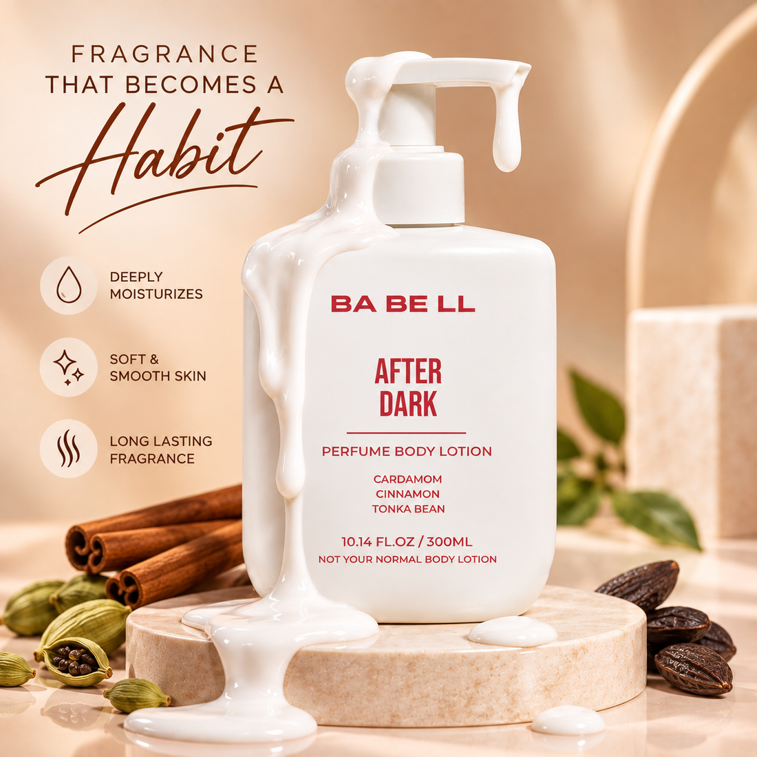 Babell After Dark perfume body lotion with lotion texture and cardamom, cinnamon, tonka bean fragrance-note props