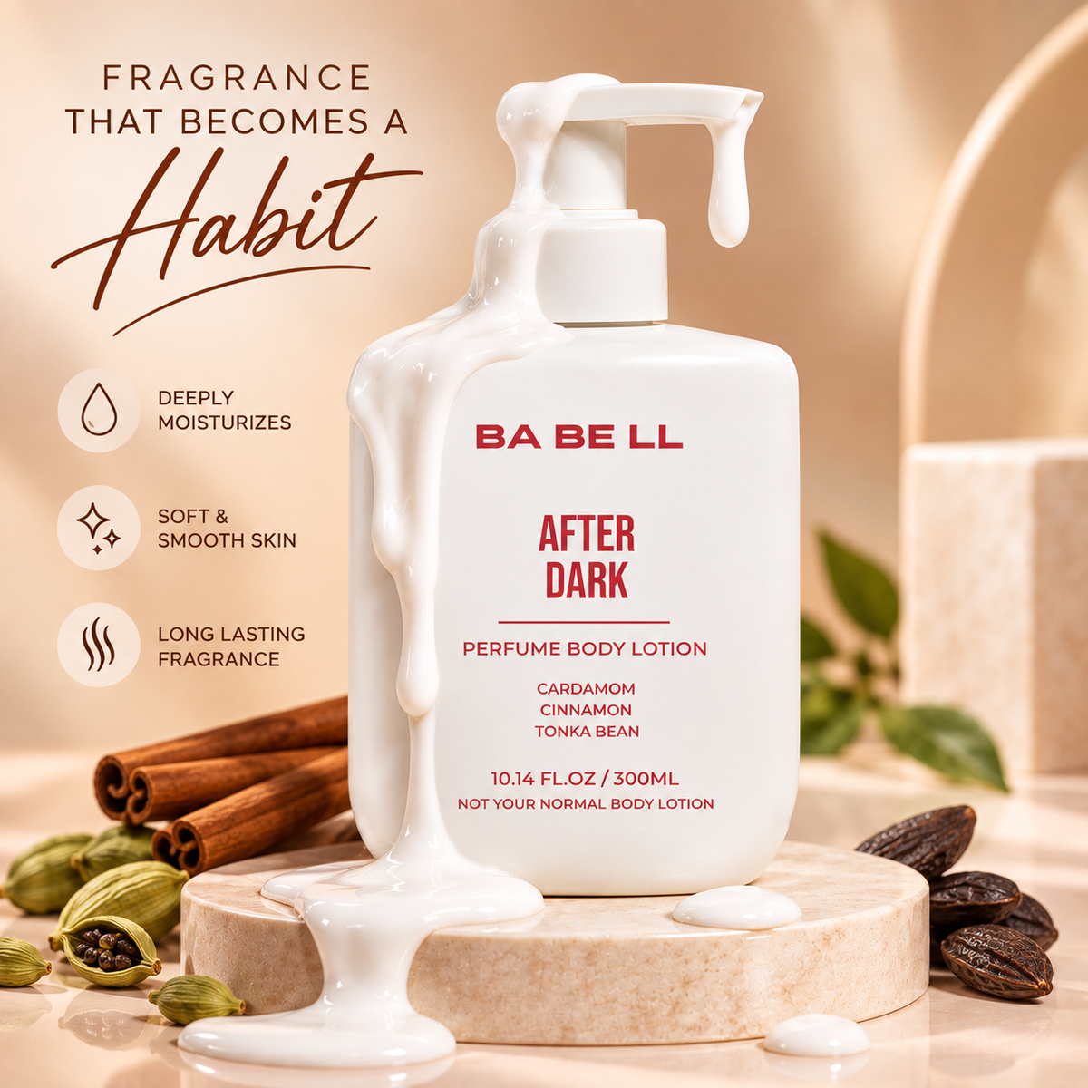 Babell After Dark perfume body lotion with lotion texture and cardamom, cinnamon, tonka bean fragrance-note props