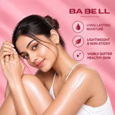 Babell Loud Silence body-care graphic showing a woman with lotion on her shoulder