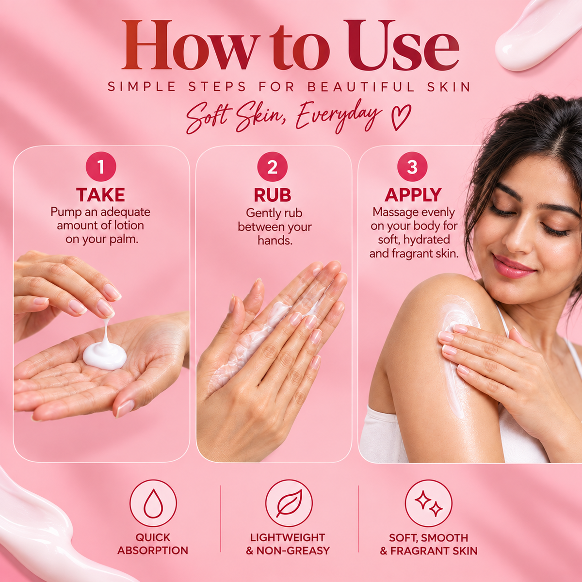 Babell Loud Silence perfume body lotion application guide: pump into palms, rub hands and massage over the body