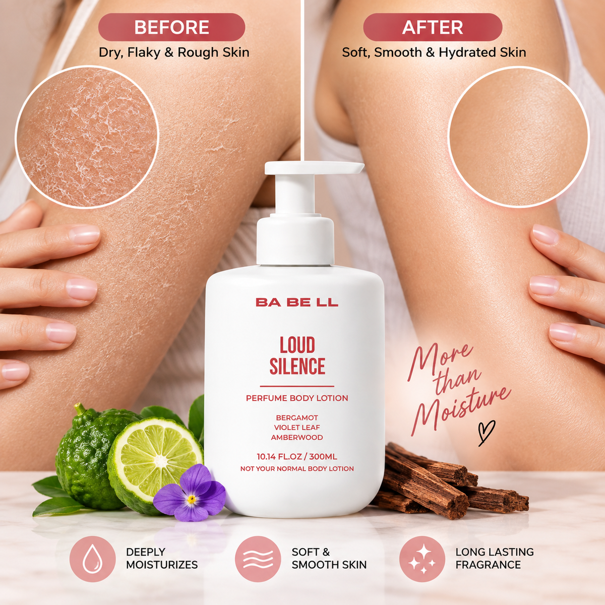 Babell Loud Silence perfume body lotion moisturising-care graphic showing dry and hydrated skin side by side