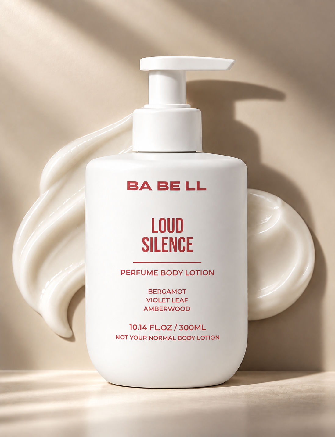 Babell Loud Silence perfume body lotion, 300ml white pump bottle with red label