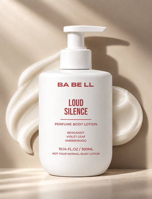 Babell Loud Silence perfume body lotion, 300ml white pump bottle with red label