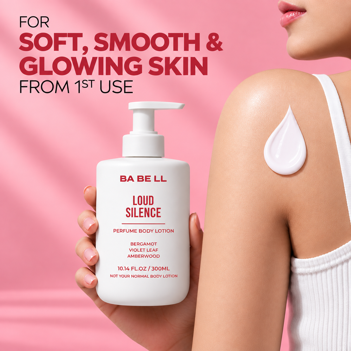 Woman holding Babell Loud Silence perfume body lotion beside a drop of lotion on her shoulder