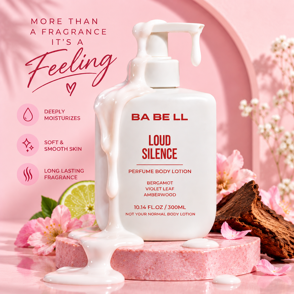 Babell Loud Silence perfume body lotion with lotion texture and bergamot, violet leaf, amberwood fragrance-note props